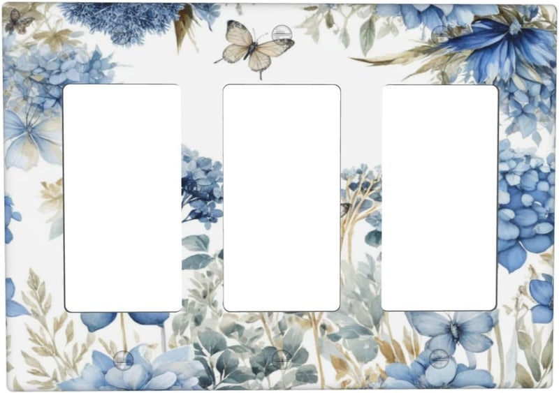 Wuyocha Decorative Outlet Covers Boho Blue Flowers Rustic Beige Butterfly Leaves 3 Gang Wall Plate Triple Rocker Switch Light Switch Plate Covers Jumbo Electrical GFCI Switch Cover Plate - Image 1